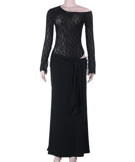 Glamorous Black Lace Long-Sleeve Maxi Dress with Chic Tie-Waist - Your Go-To for Fall & Holiday Events