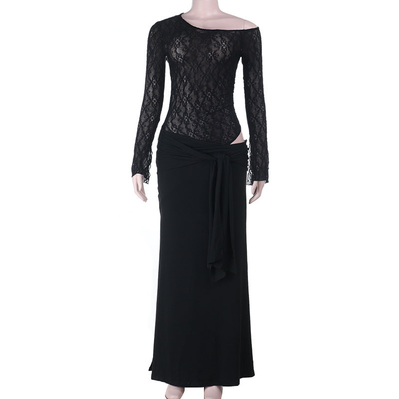 Glamorous Black Lace Long-Sleeve Maxi Dress with Chic Tie-Waist - Your Go-To for Fall & Holiday Events