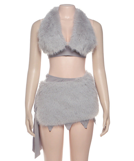 Chic Faux Fur Halter Crop & Jagged Mini Skirt Set – Holiday Party & Cosplay Ready