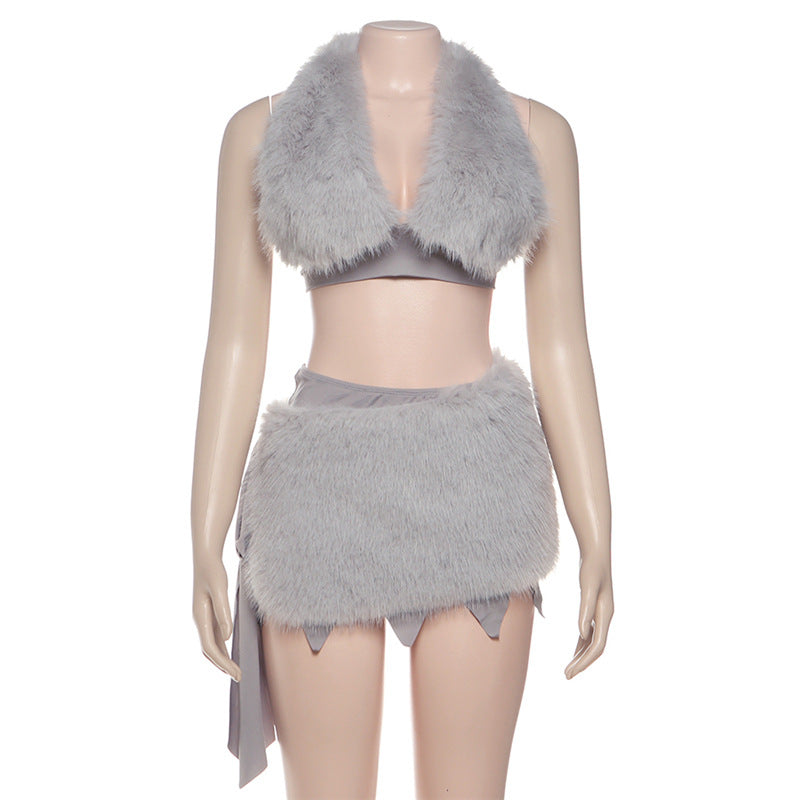 Chic Faux Fur Halter Crop & Jagged Mini Skirt Set – Holiday Party & Cosplay Ready
