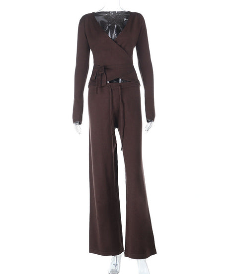 Cozy Chic Knit Lounge Set: Women's V-Neck Wrap Top & Wide-Leg Pants - Perfect for Fall & Holiday Comfort
