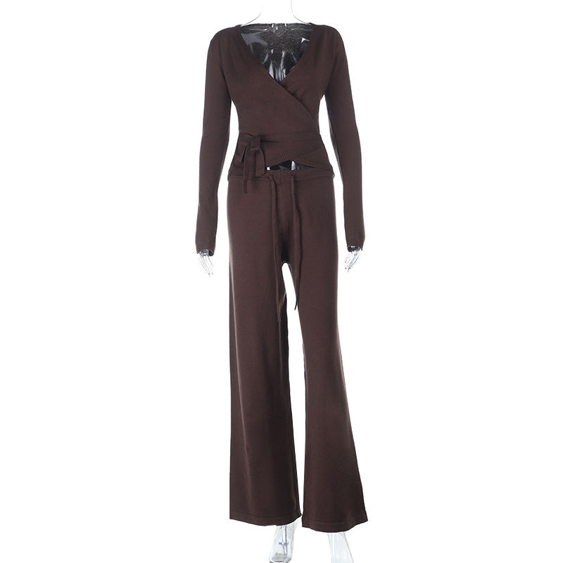 Cozy Chic Knit Lounge Set: Women's V-Neck Wrap Top & Wide-Leg Pants - Perfect for Fall & Holiday Comfort