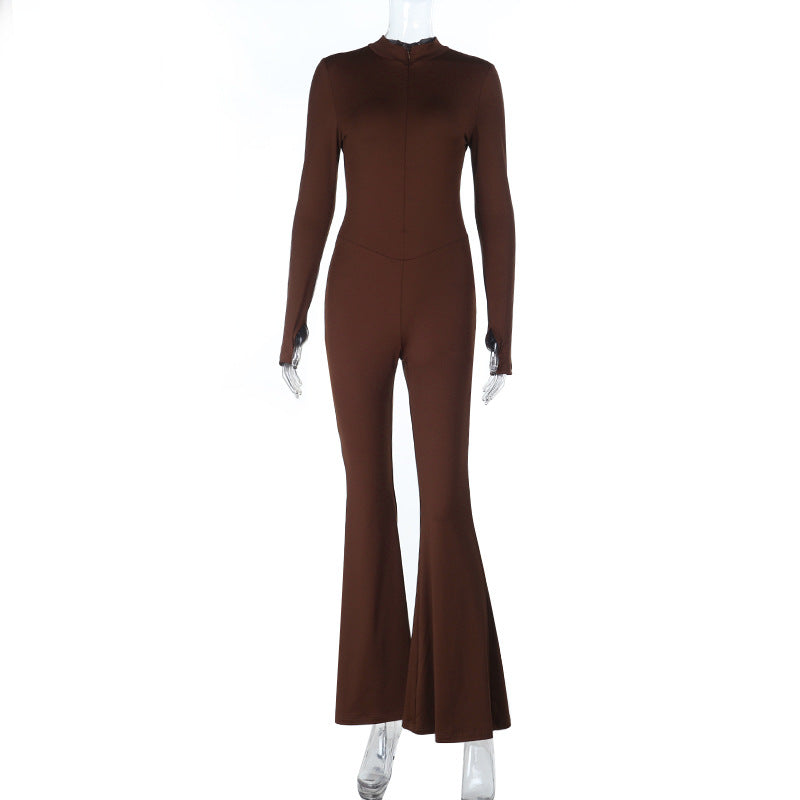 Effortless Autumn Chic: Sculpting Espresso Brown Flared Jumpsuit with Thumbhole Sleeves