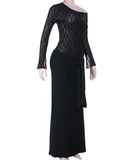 Glamorous Black Lace Long-Sleeve Maxi Dress with Chic Tie-Waist - Your Go-To for Fall & Holiday Events