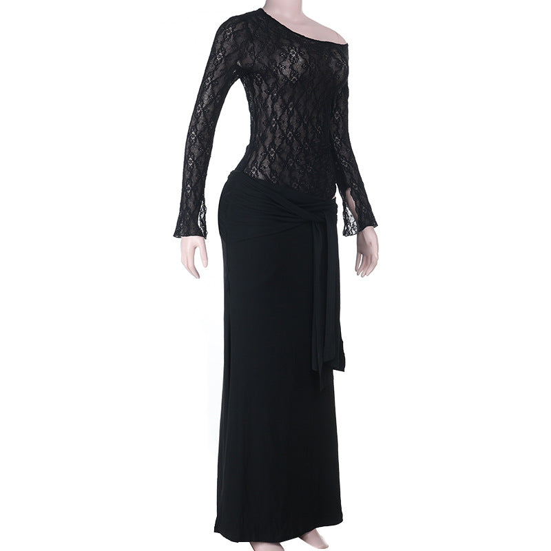 Glamorous Black Lace Long-Sleeve Maxi Dress with Chic Tie-Waist - Your Go-To for Fall & Holiday Events