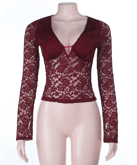 Daring Burgundy Floral Lace Plunge V-Neck Long Sleeve Top - Fall & Holiday Party Ready