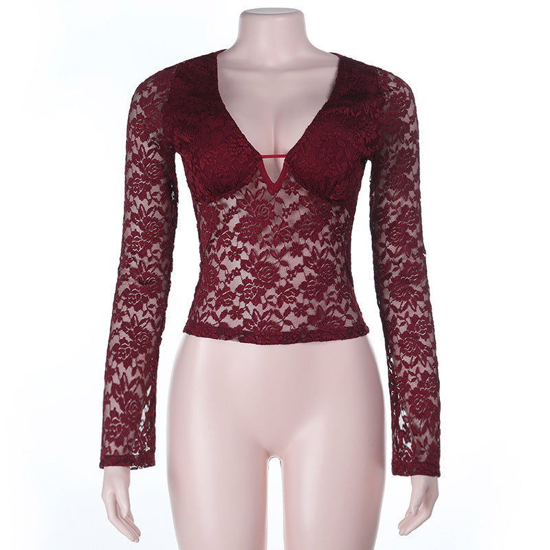 Daring Burgundy Floral Lace Plunge V-Neck Long Sleeve Top - Fall & Holiday Party Ready
