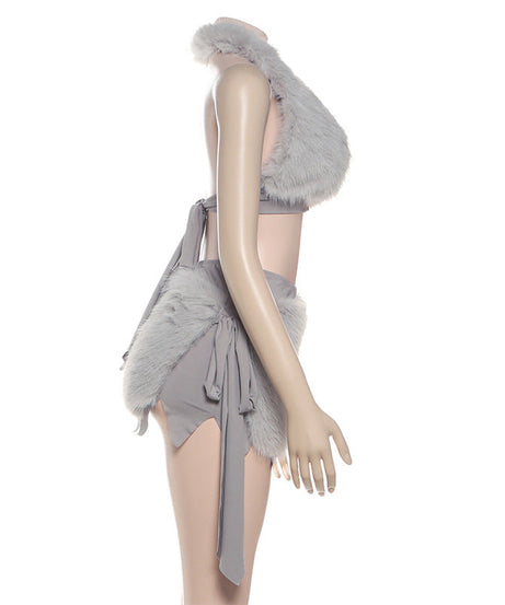 Chic Faux Fur Halter Crop & Jagged Mini Skirt Set – Holiday Party & Cosplay Ready