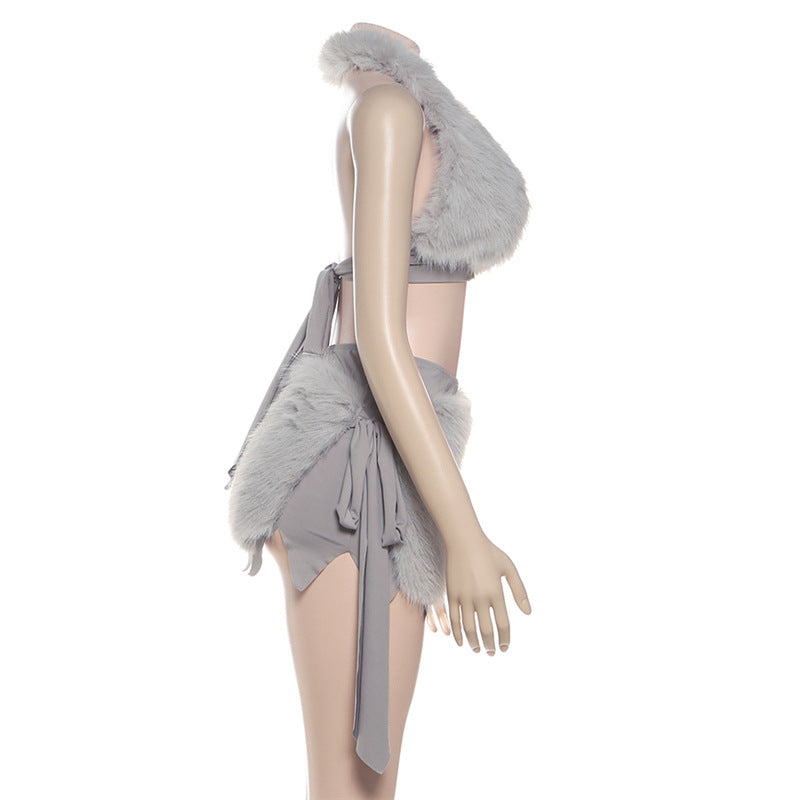 Chic Faux Fur Halter Crop & Jagged Mini Skirt Set – Holiday Party & Cosplay Ready
