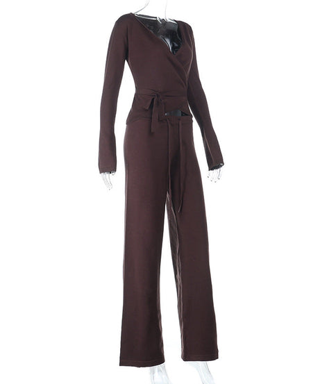 Cozy Chic Knit Lounge Set: Women's V-Neck Wrap Top & Wide-Leg Pants - Perfect for Fall & Holiday Comfort
