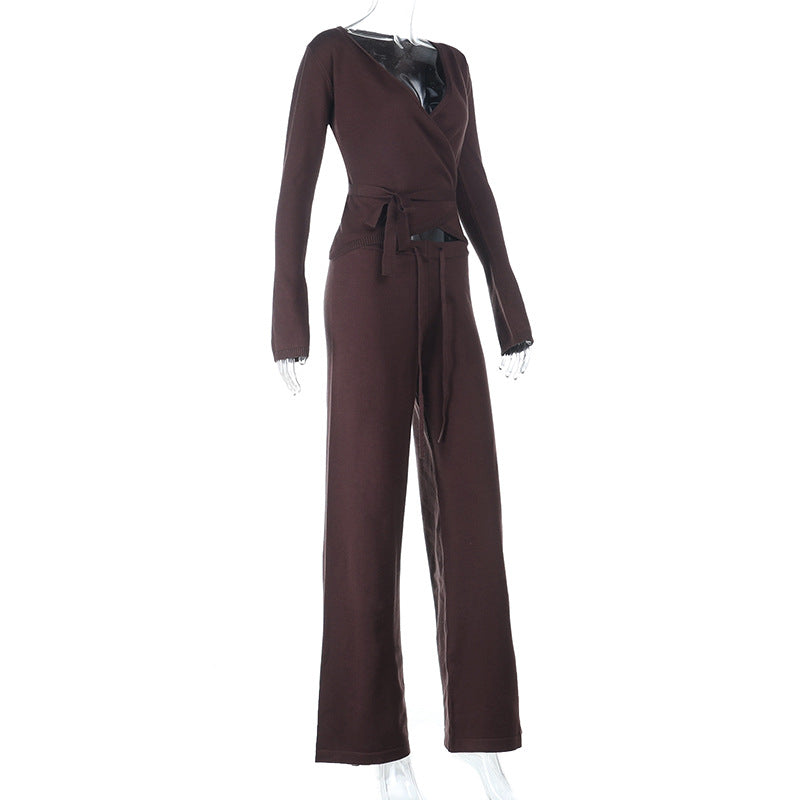 Cozy Chic Knit Lounge Set: Women's V-Neck Wrap Top & Wide-Leg Pants - Perfect for Fall & Holiday Comfort