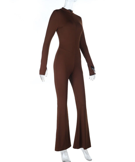 Effortless Autumn Chic: Sculpting Espresso Brown Flared Jumpsuit with Thumbhole Sleeves