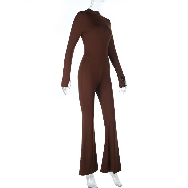 Effortless Autumn Chic: Sculpting Espresso Brown Flared Jumpsuit with Thumbhole Sleeves