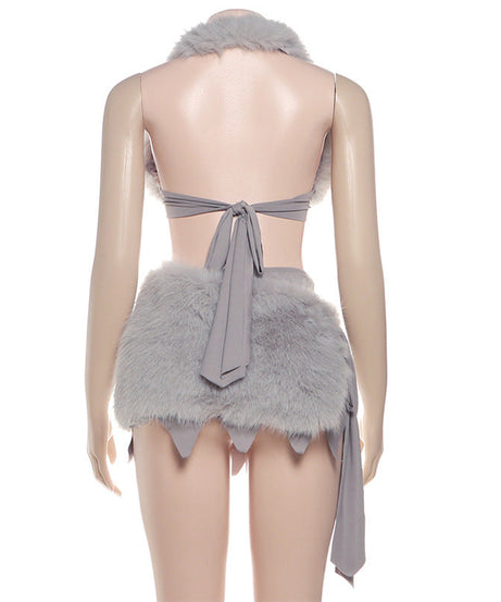 Chic Faux Fur Halter Crop & Jagged Mini Skirt Set – Holiday Party & Cosplay Ready