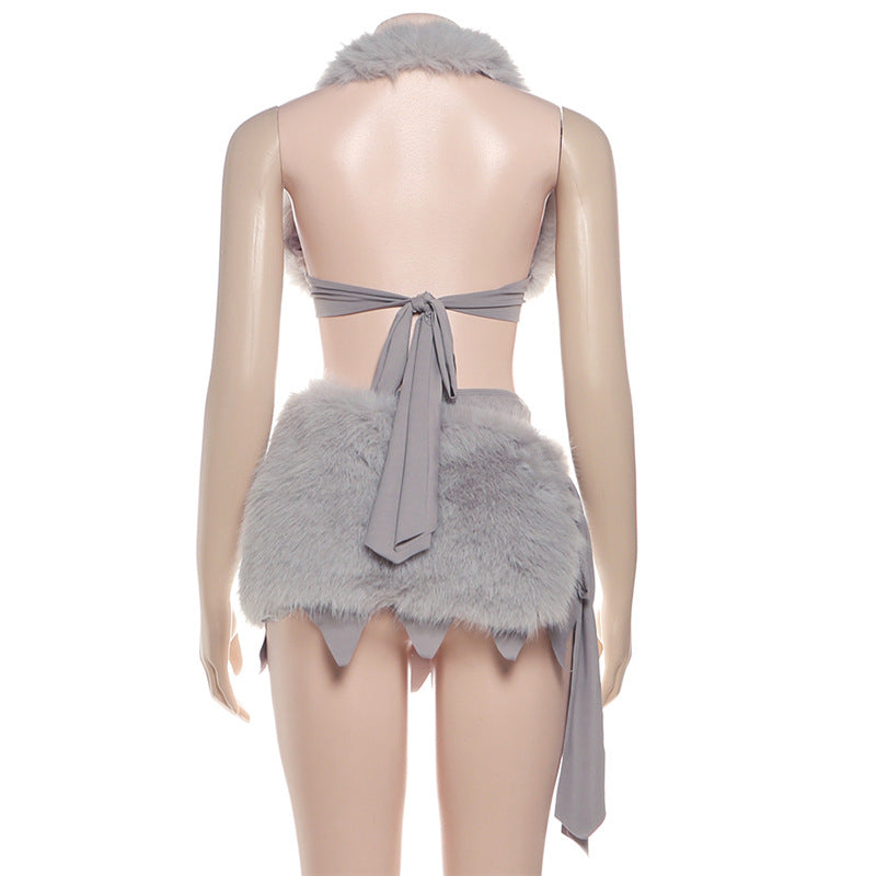 Chic Faux Fur Halter Crop & Jagged Mini Skirt Set – Holiday Party & Cosplay Ready