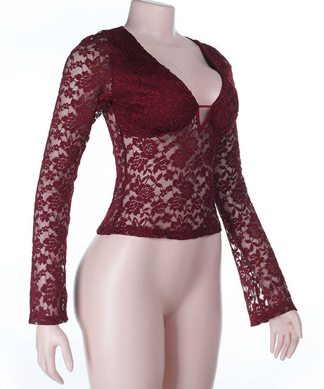 Daring Burgundy Floral Lace Plunge V-Neck Long Sleeve Top - Fall & Holiday Party Ready