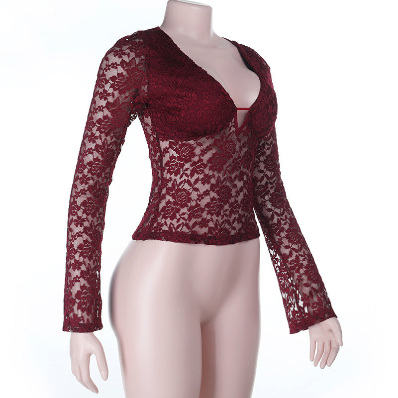 Daring Burgundy Floral Lace Plunge V-Neck Long Sleeve Top - Fall & Holiday Party Ready