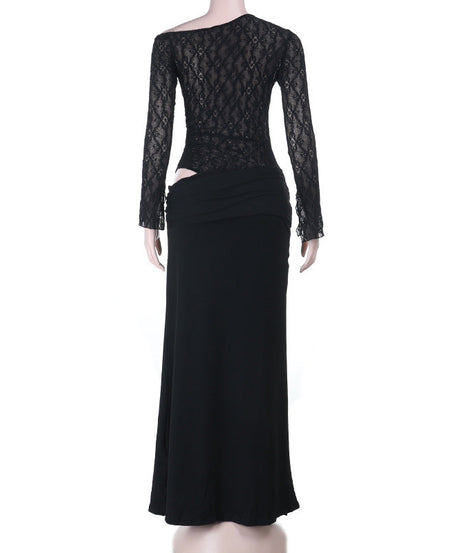 Glamorous Black Lace Long-Sleeve Maxi Dress with Chic Tie-Waist - Your Go-To for Fall & Holiday Events