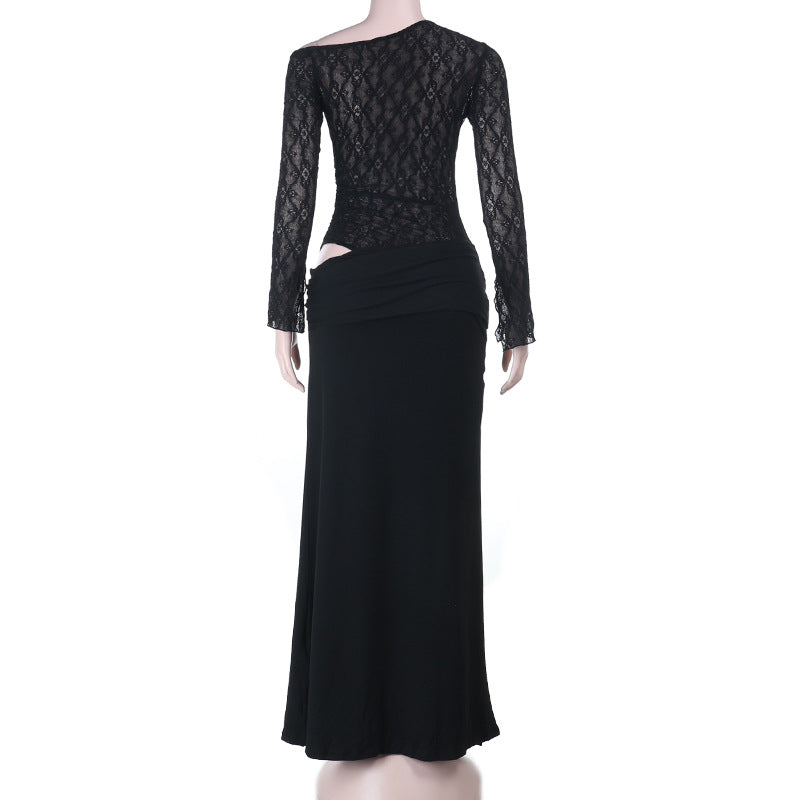 Glamorous Black Lace Long-Sleeve Maxi Dress with Chic Tie-Waist - Your Go-To for Fall & Holiday Events