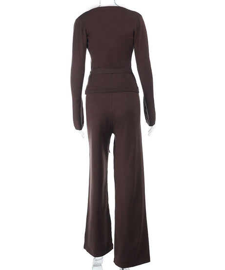 Cozy Chic Knit Lounge Set: Women's V-Neck Wrap Top & Wide-Leg Pants - Perfect for Fall & Holiday Comfort