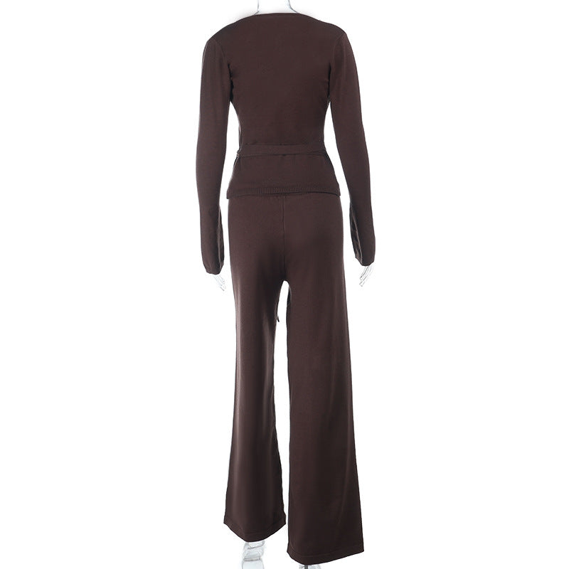 Cozy Chic Knit Lounge Set: Women's V-Neck Wrap Top & Wide-Leg Pants - Perfect for Fall & Holiday Comfort