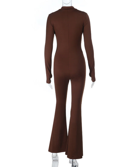 Effortless Autumn Chic: Sculpting Espresso Brown Flared Jumpsuit with Thumbhole Sleeves