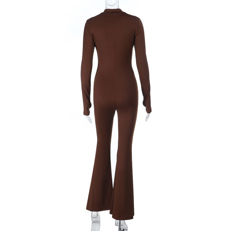 Effortless Autumn Chic: Sculpting Espresso Brown Flared Jumpsuit with Thumbhole Sleeves