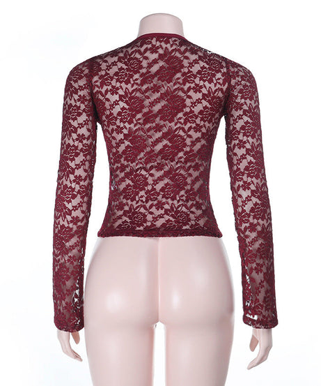 Daring Burgundy Floral Lace Plunge V-Neck Long Sleeve Top - Fall & Holiday Party Ready