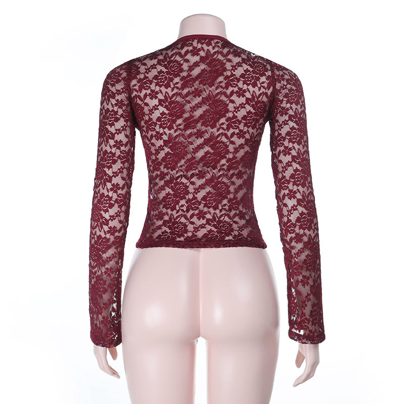 Daring Burgundy Floral Lace Plunge V-Neck Long Sleeve Top - Fall & Holiday Party Ready