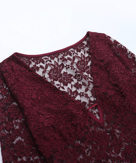 Daring Burgundy Floral Lace Plunge V-Neck Long Sleeve Top - Fall & Holiday Party Ready