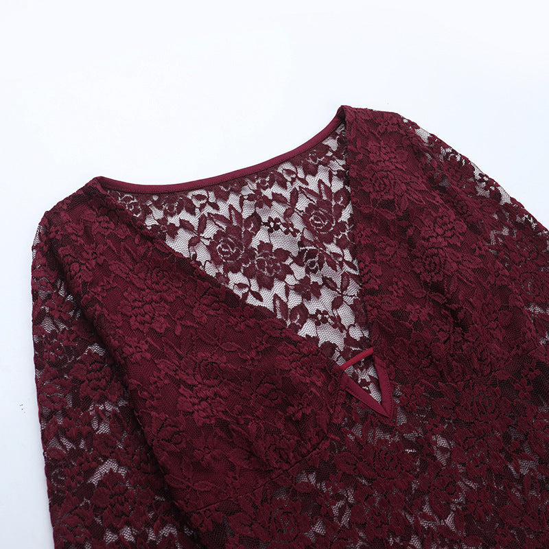 Daring Burgundy Floral Lace Plunge V-Neck Long Sleeve Top - Fall & Holiday Party Ready