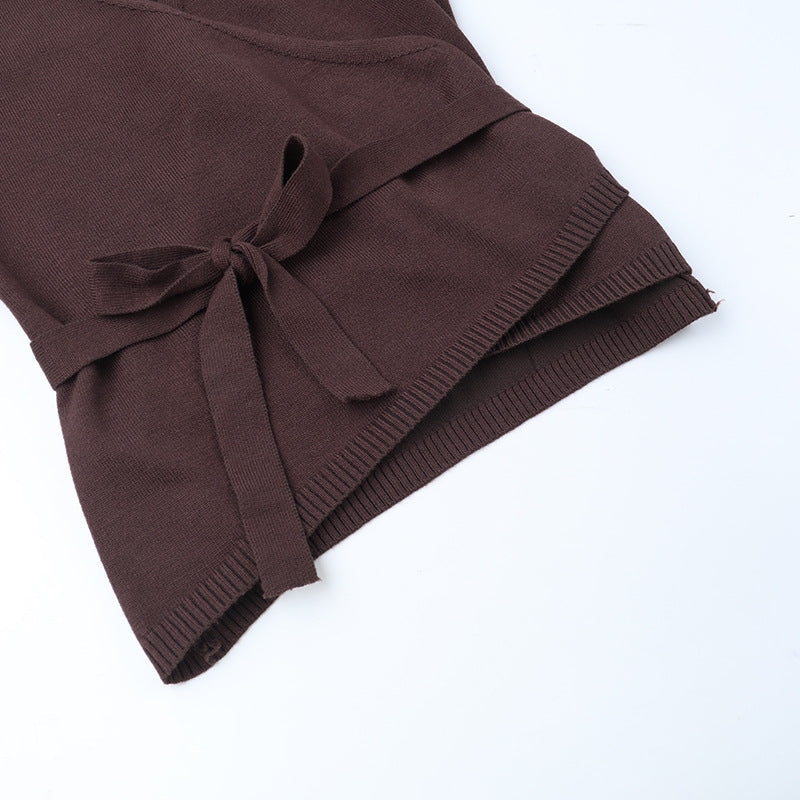 Cozy Chic Knit Lounge Set: Women's V-Neck Wrap Top & Wide-Leg Pants - Perfect for Fall & Holiday Comfort