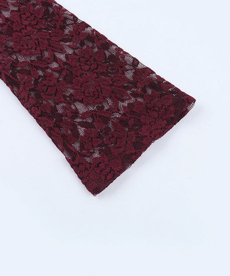 Daring Burgundy Floral Lace Plunge V-Neck Long Sleeve Top - Fall & Holiday Party Ready