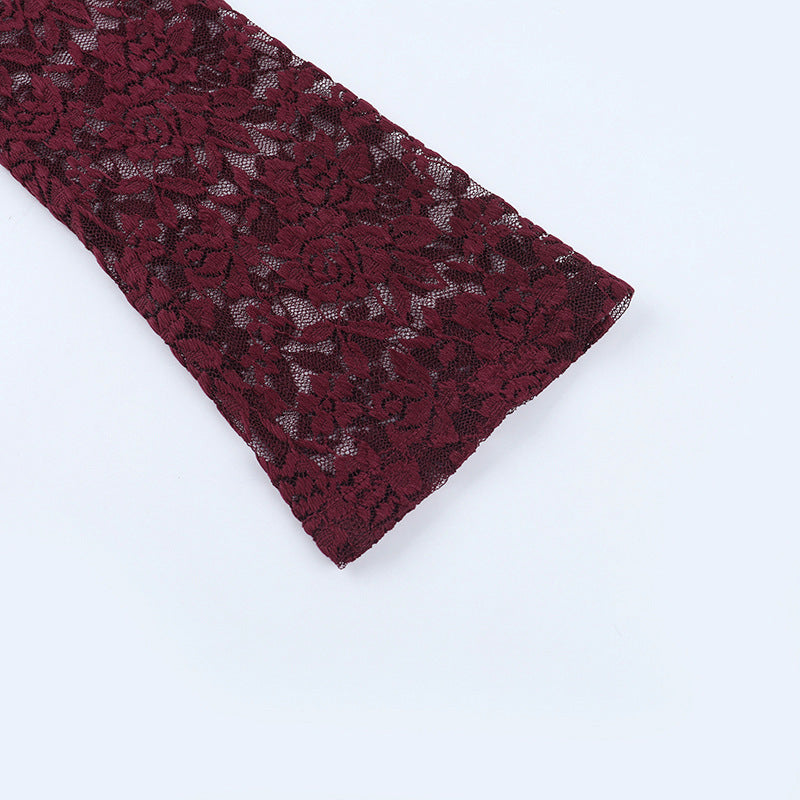 Daring Burgundy Floral Lace Plunge V-Neck Long Sleeve Top - Fall & Holiday Party Ready