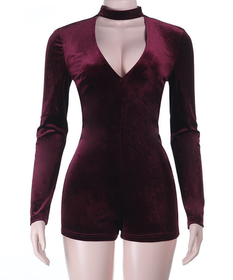 Chic Burgundy Velvet Romper | Long Sleeve Choker Neck Playsuit for Holiday Parties & Nights Out