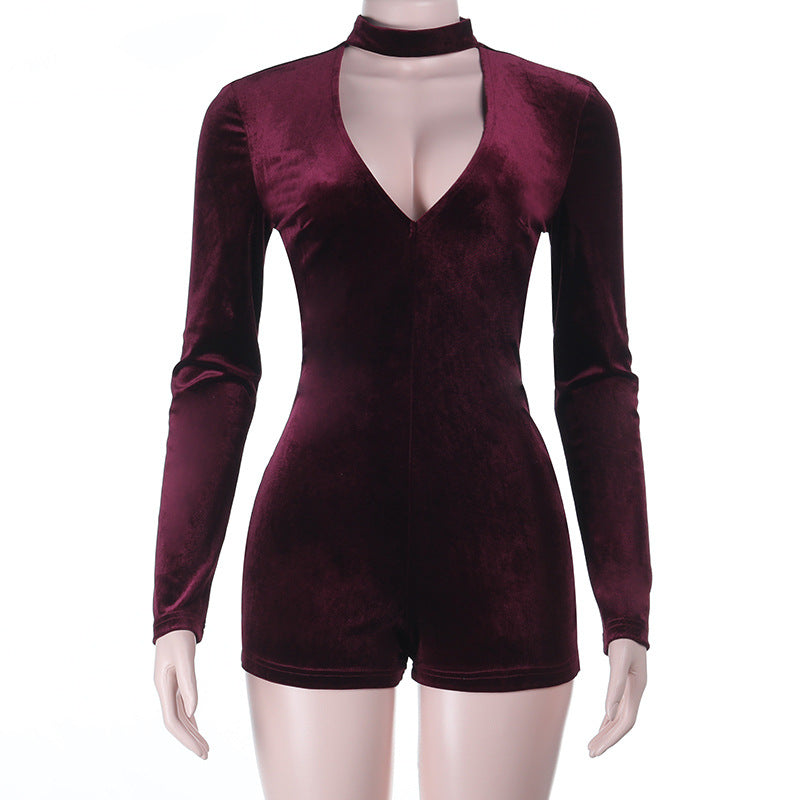 Chic Burgundy Velvet Romper | Long Sleeve Choker Neck Playsuit for Holiday Parties & Nights Out