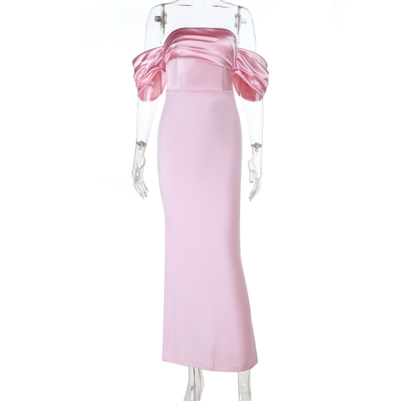 Blush Pink Satin Off-Shoulder Maxi Dress - Elegant Holiday & Gala Gown