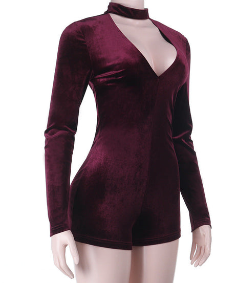Chic Burgundy Velvet Romper | Long Sleeve Choker Neck Playsuit for Holiday Parties & Nights Out