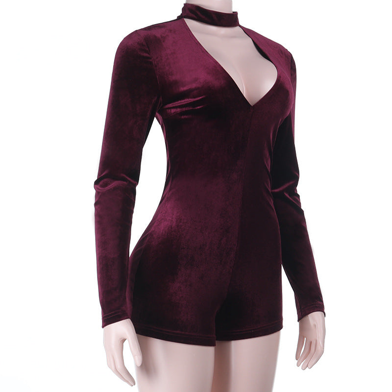 Chic Burgundy Velvet Romper | Long Sleeve Choker Neck Playsuit for Holiday Parties & Nights Out