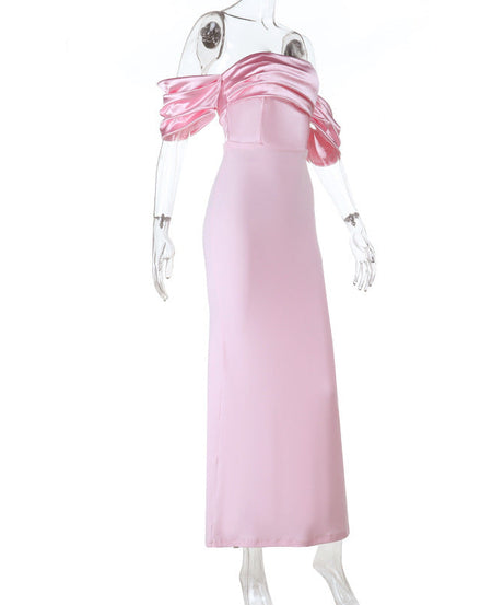 Blush Pink Satin Off-Shoulder Maxi Dress - Elegant Holiday & Gala Gown
