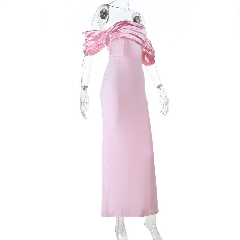 Blush Pink Satin Off-Shoulder Maxi Dress - Elegant Holiday & Gala Gown