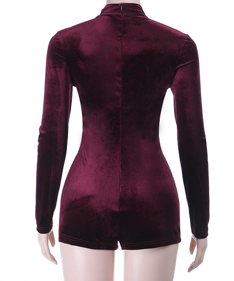 Chic Burgundy Velvet Romper | Long Sleeve Choker Neck Playsuit for Holiday Parties & Nights Out