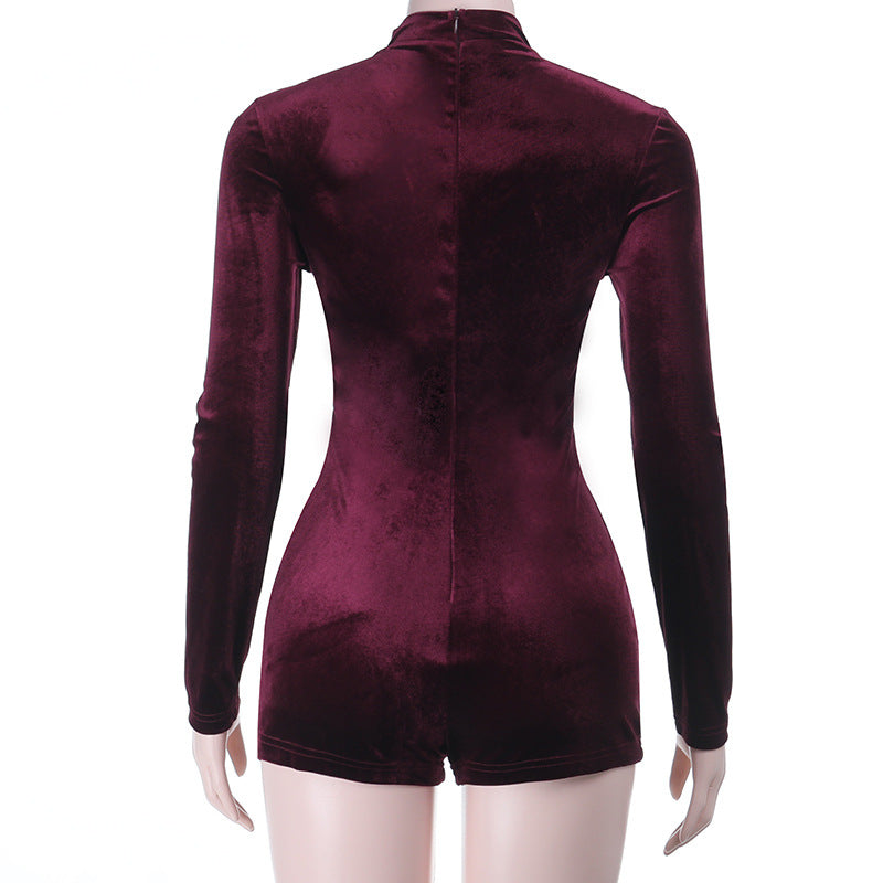 Chic Burgundy Velvet Romper | Long Sleeve Choker Neck Playsuit for Holiday Parties & Nights Out