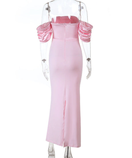 Blush Pink Satin Off-Shoulder Maxi Dress - Elegant Holiday & Gala Gown