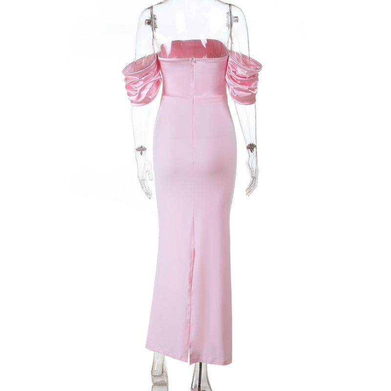 Blush Pink Satin Off-Shoulder Maxi Dress - Elegant Holiday & Gala Gown