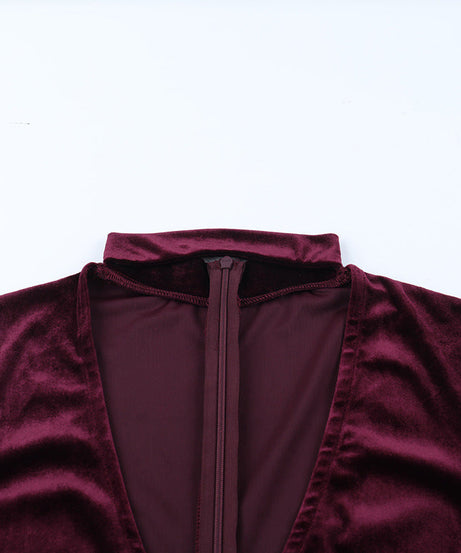 Chic Burgundy Velvet Romper | Long Sleeve Choker Neck Playsuit for Holiday Parties & Nights Out