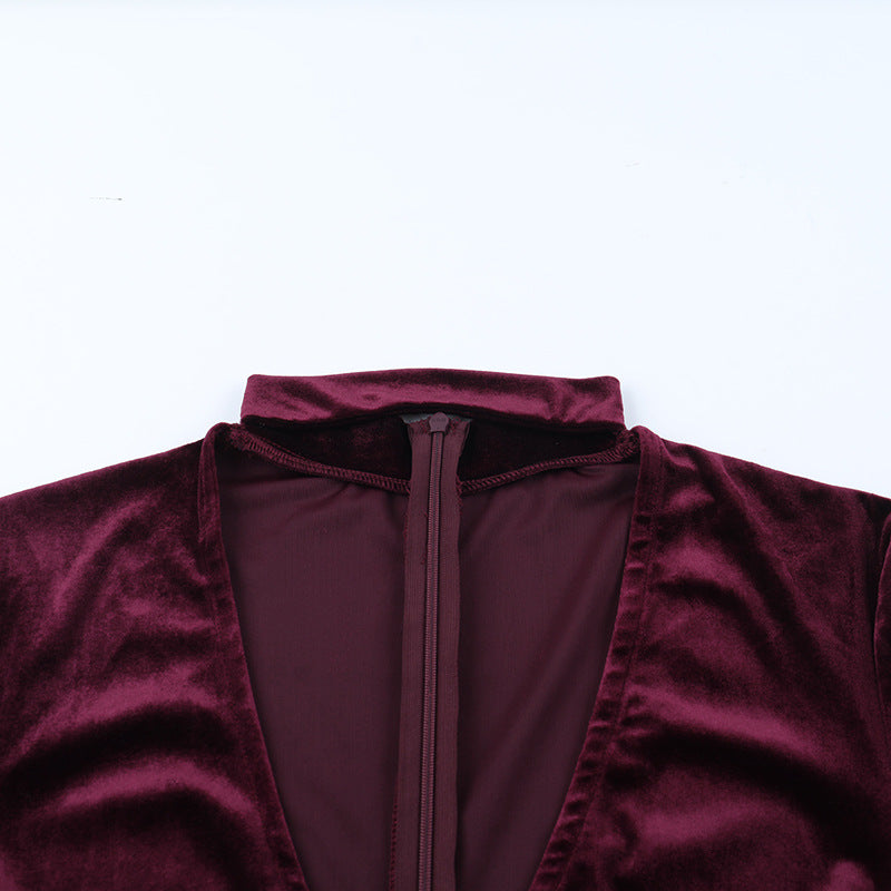 Chic Burgundy Velvet Romper | Long Sleeve Choker Neck Playsuit for Holiday Parties & Nights Out