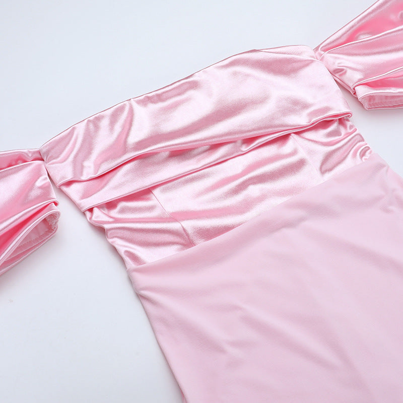 Blush Pink Satin Off-Shoulder Maxi Dress - Elegant Holiday & Gala Gown