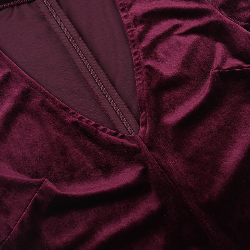 Chic Burgundy Velvet Romper | Long Sleeve Choker Neck Playsuit for Holiday Parties & Nights Out