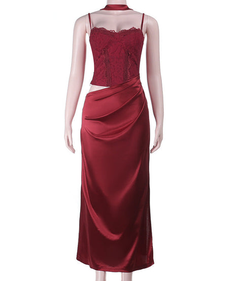 Luxurious Wine Red Satin Maxi Dress with Lace Cami & Chic Cut-Out | Holiday Party & New Year's Eve Glam